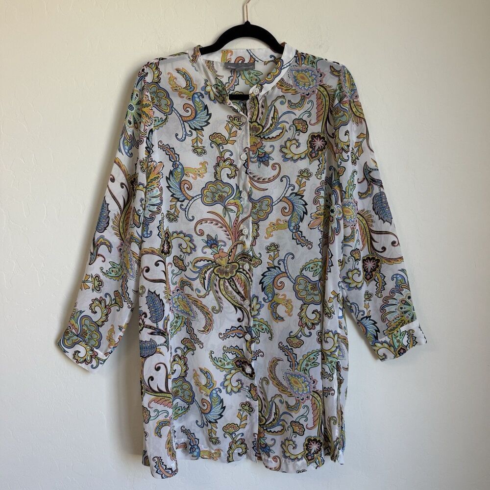 Jessica London Plus Size Sheer Boho Paisley Button Down Tunic 14W Artsy